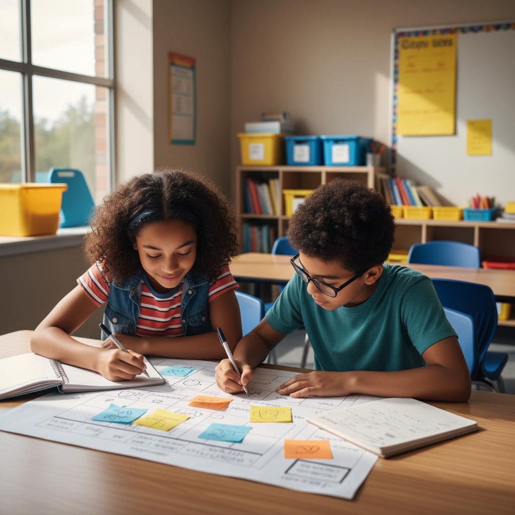 Two eighth graders planning their move to high school at a classroom table