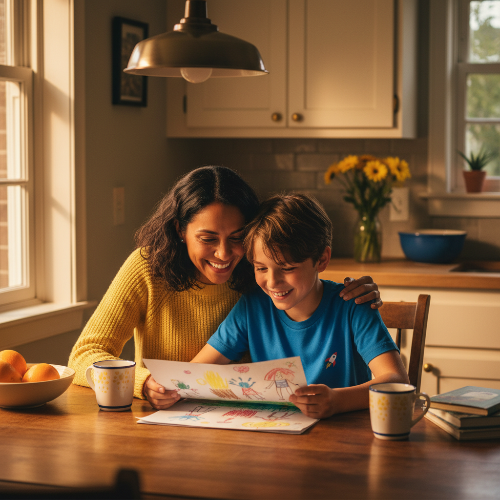 A mother and son talking about his school project at the kitchen table