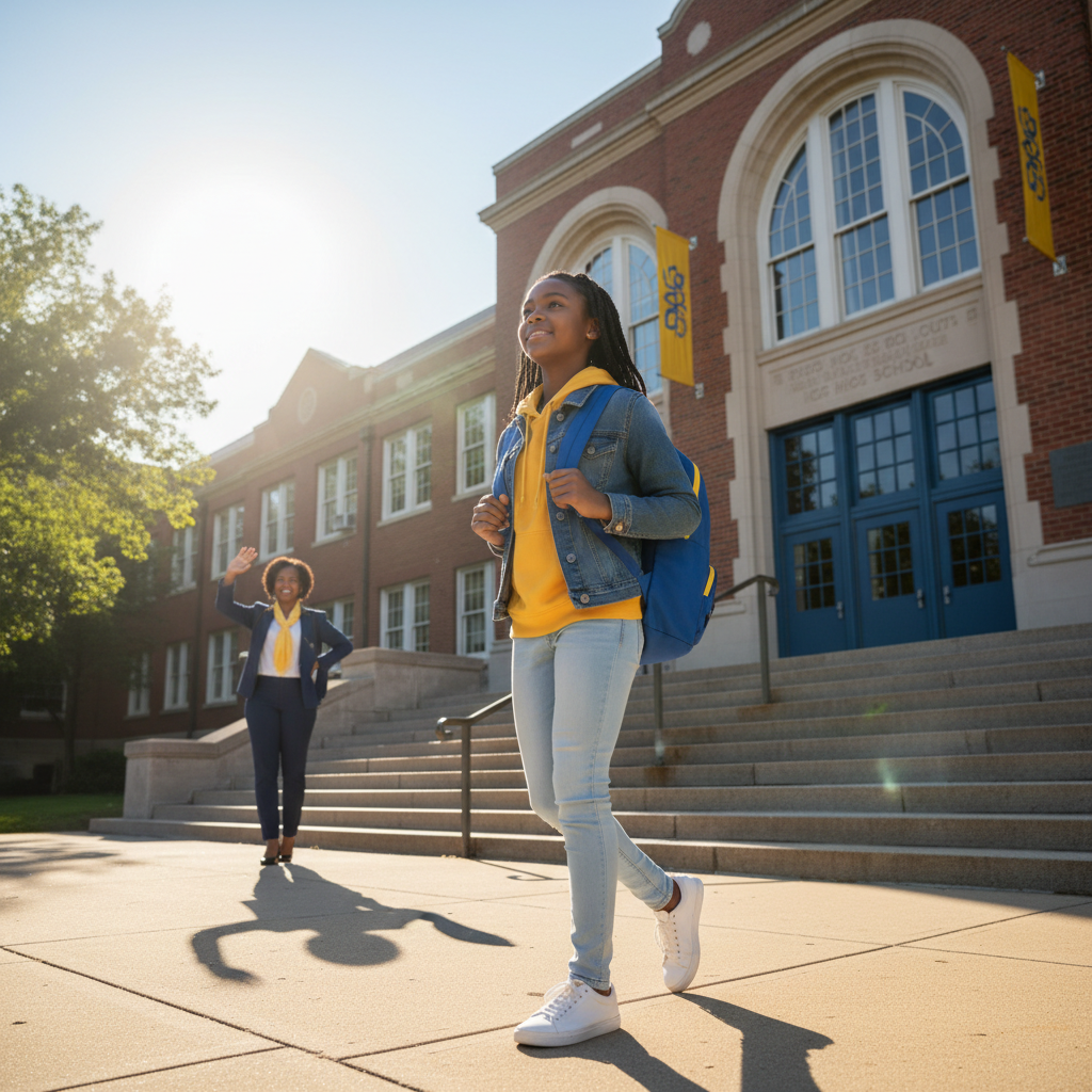 An eighth grader walking confidently toward a high school entrance