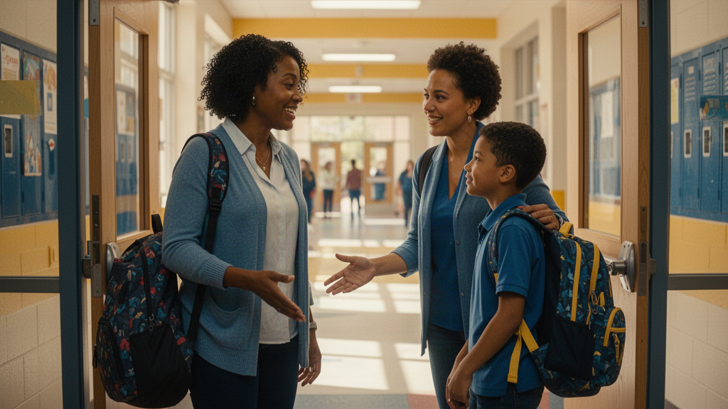 A middle school teacher welcoming a student back at the school entrance