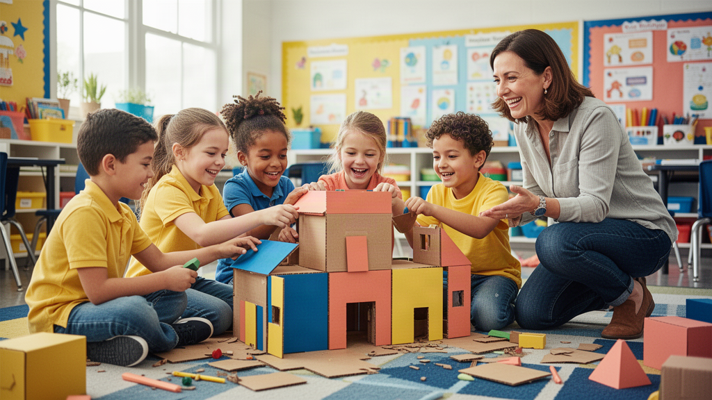 Elementary students building a project together in class